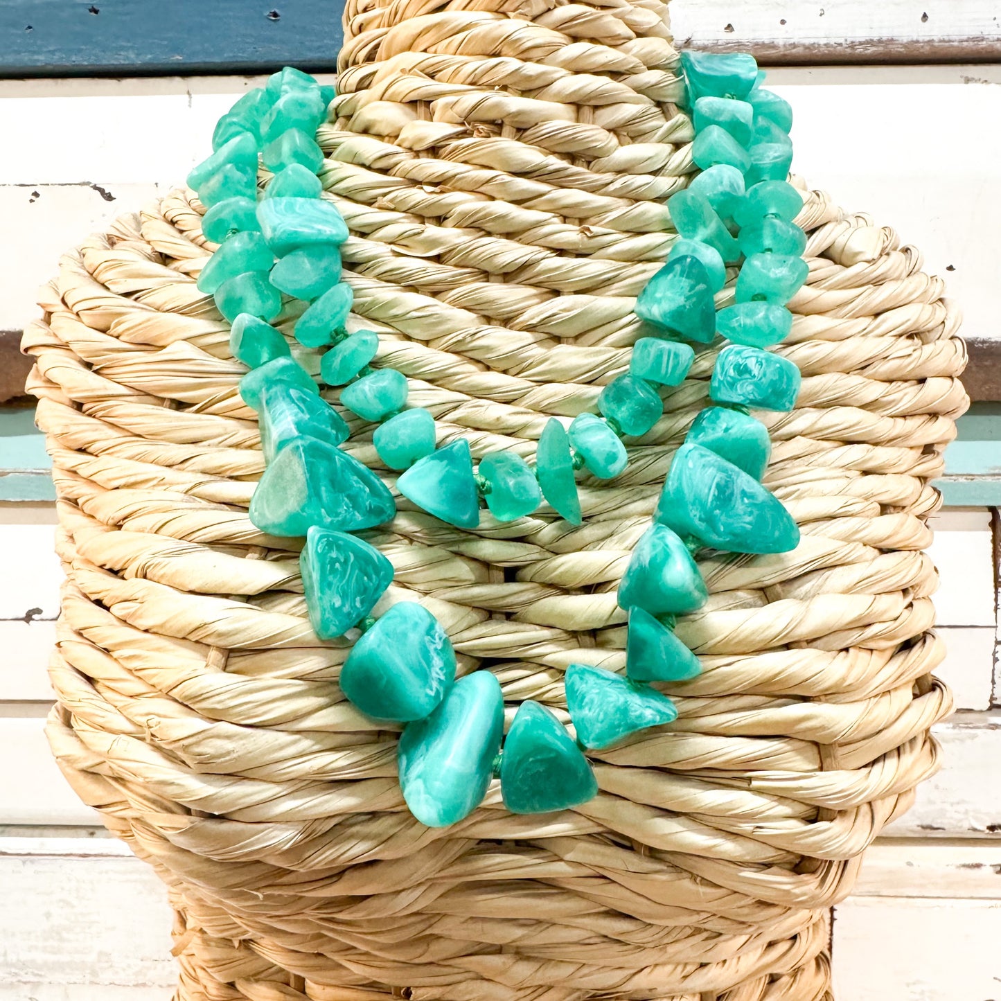 The Brightside Store | Dino Necklace - Wilma Green - double string of irregular resin beads in green emerald tones 