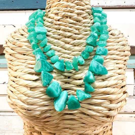 The Brightside Store | Dino Necklace - Wilma Green - double string of irregular resin beads in green emerald tones 