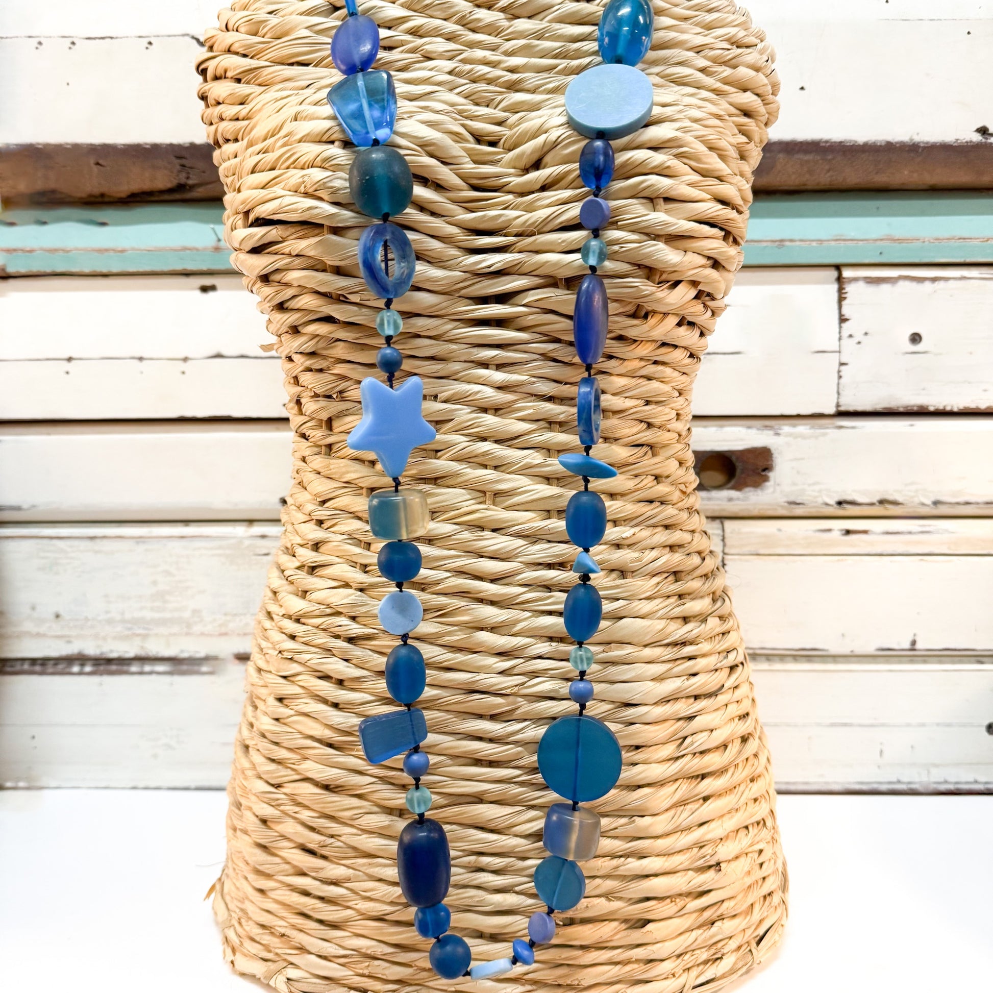 The Brightside Store | Fiesta Star Necklace - Curacao Blue - long strand of mixed resin & glass pink beads