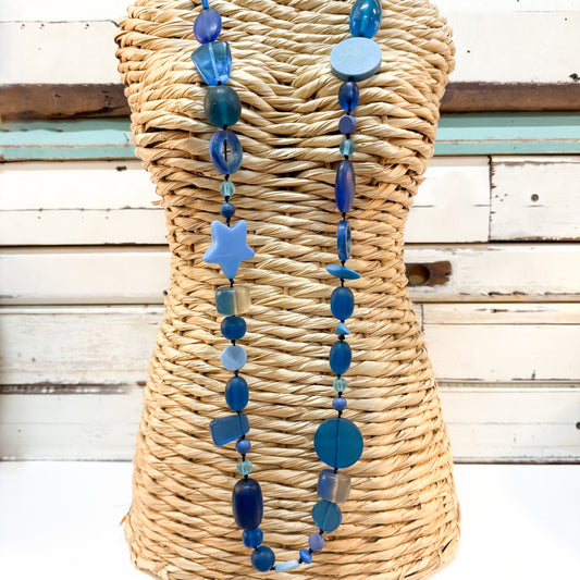 The Brightside Store | Fiesta Star Necklace - Curacao Blue - long strand of mixed resin & glass pink beads