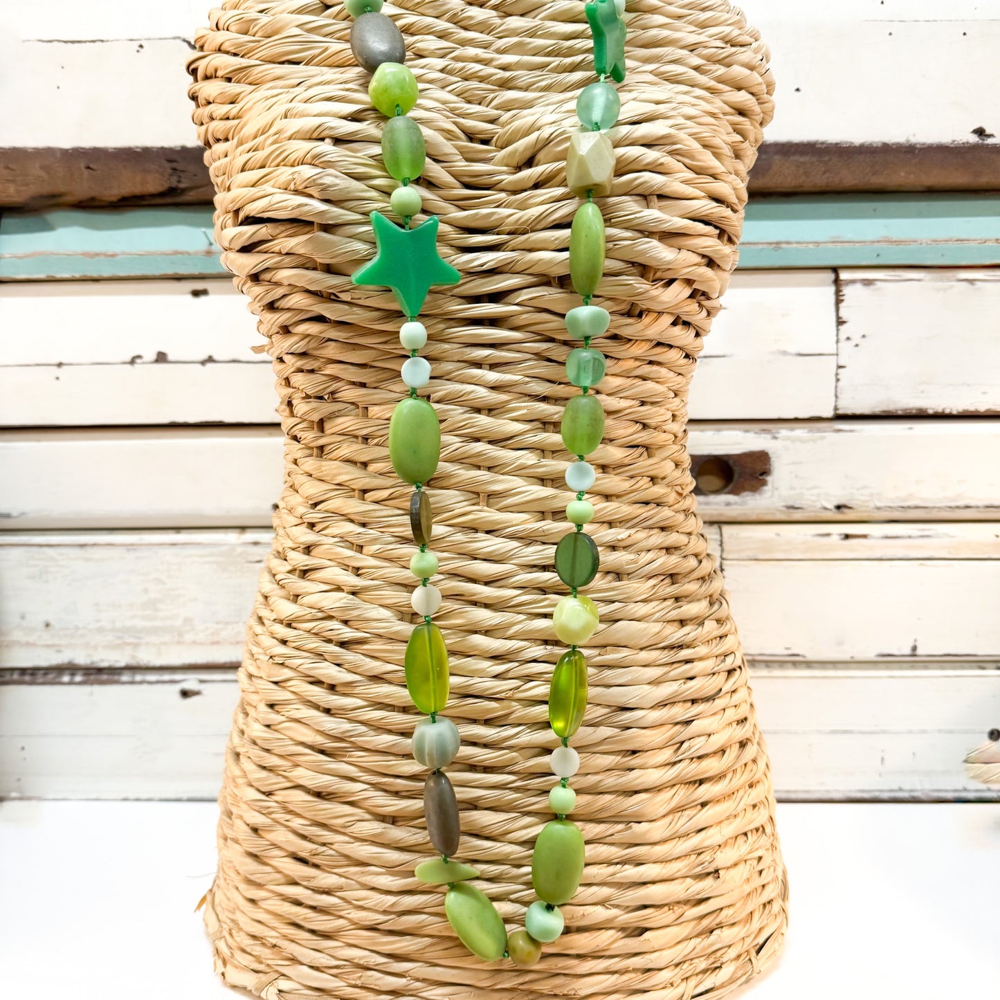 The Brightside Store | Fiesta Star Necklace - Midori Green - long strand of mixed resin & glass green beads