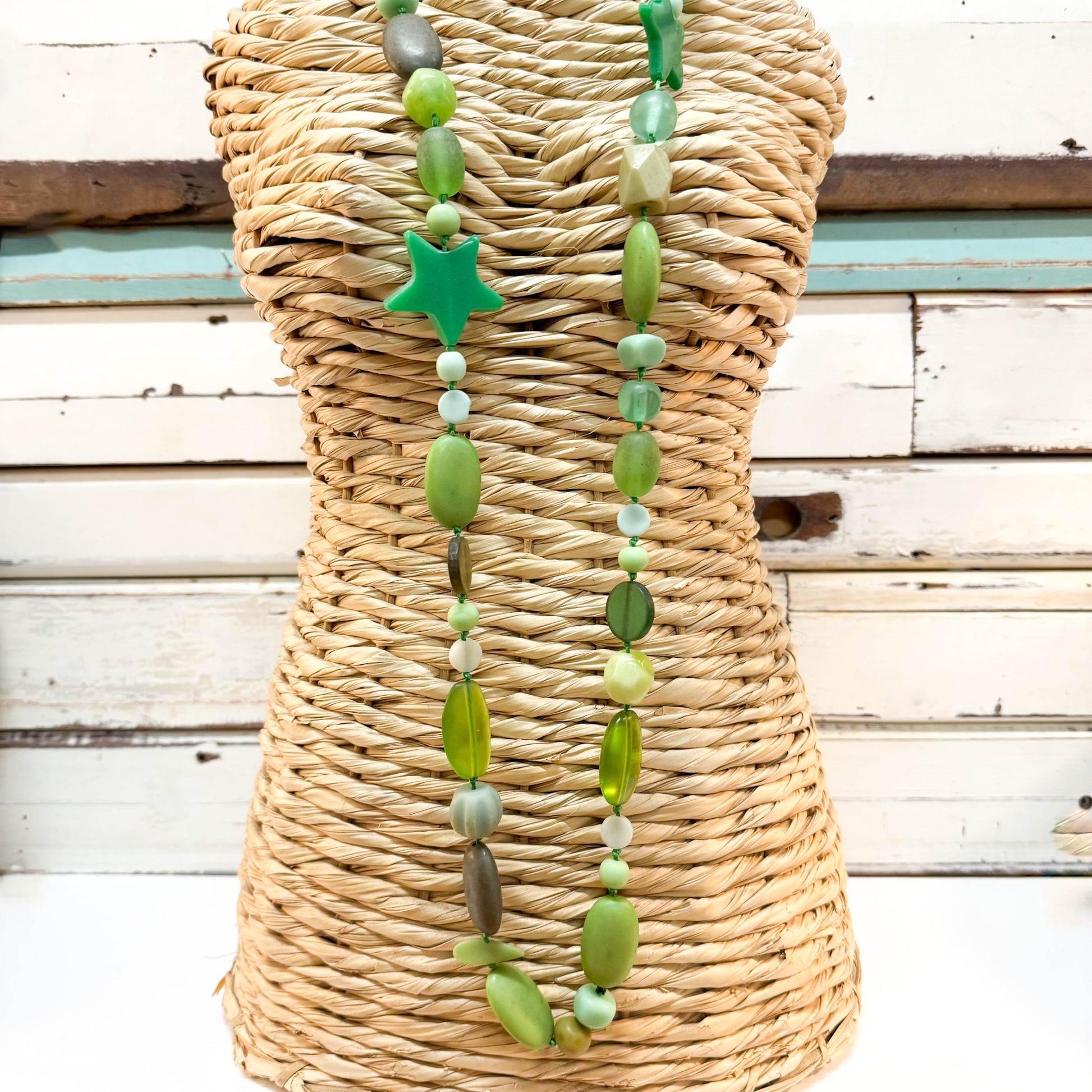 The Brightside Store | Fiesta Star Necklace - Midori Green - long strand of mixed resin & glass green beads
