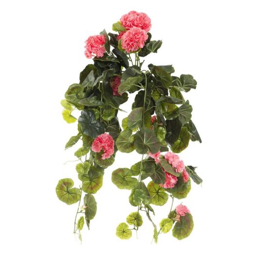 Artificial hanging plant with pink flowers and green leaves 
The Brightside Store | Geranium Bush