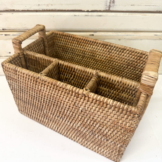 Woven rattan basket with handles 
The Brightside Store | Rattan Cutlery Caddy