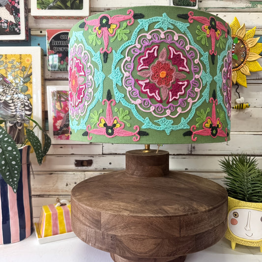 Decorative lamp with colorful embroidered shade in a home setting - The Brightside Store | Timber Lamp Base - Large