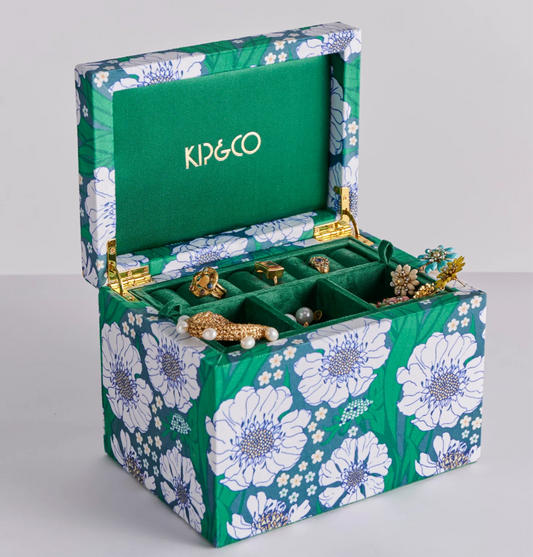 Jewellery box with floral design and gold jewellery by Kip & Co