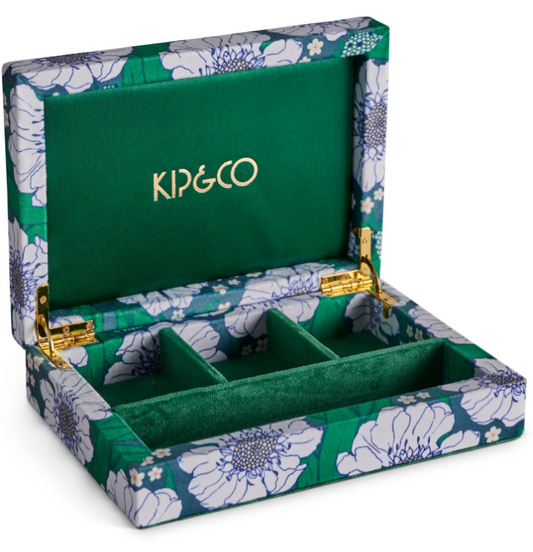 Jewelry box with floral design and green interior, featuring the brand 'Kip & Co'.
