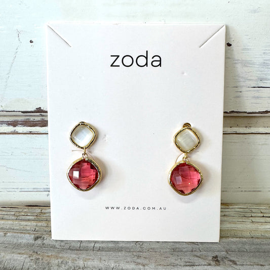 ZODA Astrid Earrings RUBY RED AND CLEAR GLASS CUT BEADS 