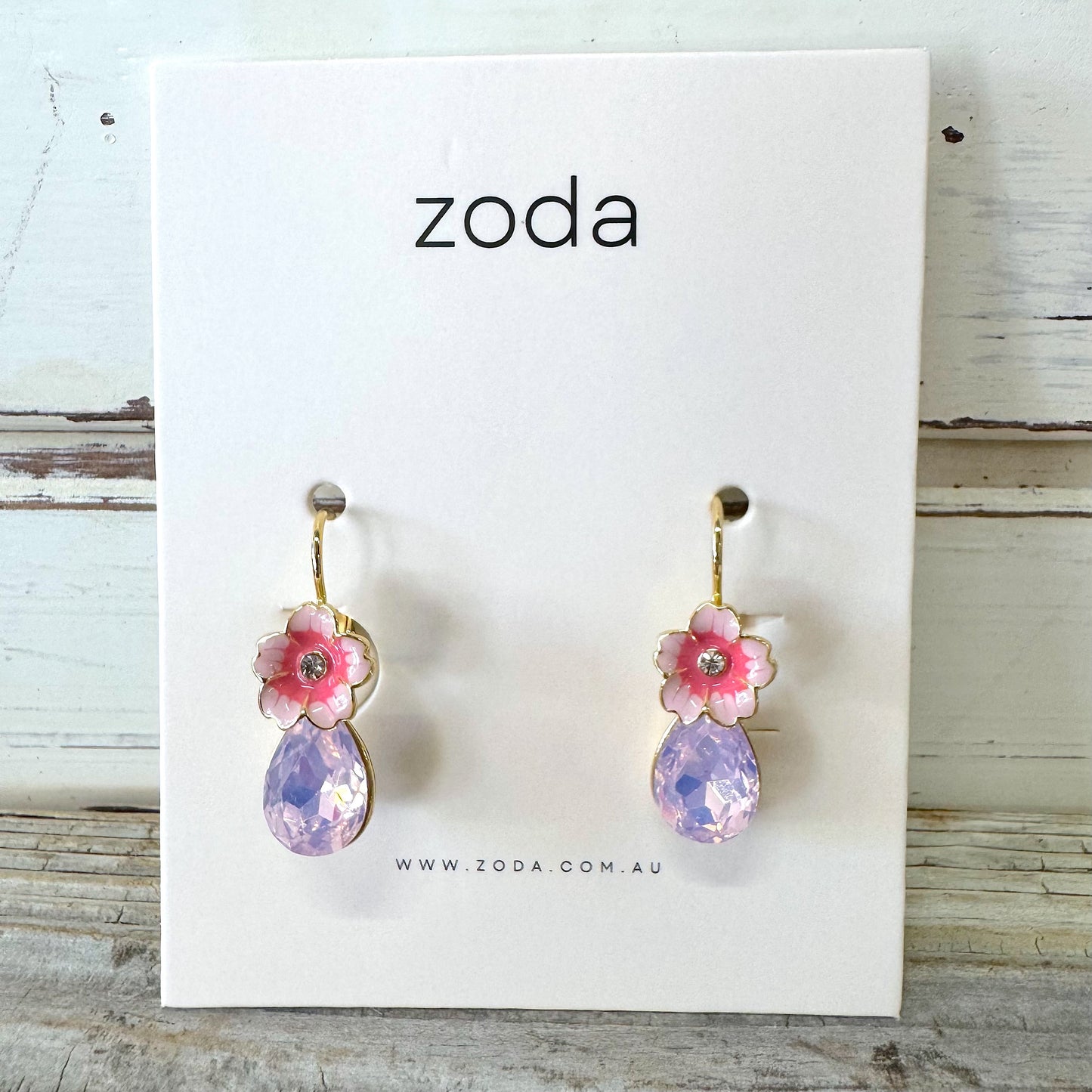 ZODA Dream Gem Earrings PINK FLOWER WITH LILAC GLASS CUT BEAD