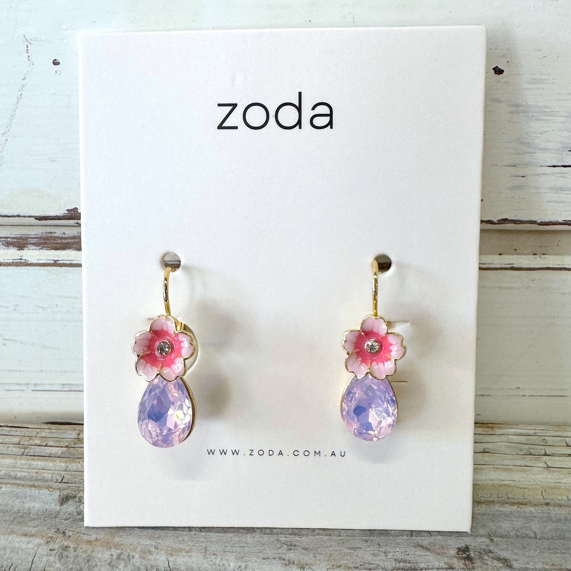 ZODA Dream Gem Earrings PINK FLOWER WITH LILAC GLASS CUT BEAD