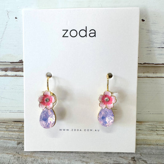 ZODA Dream Gem Earrings PINK FLOWER WITH LILAC GLASS CUT BEAD