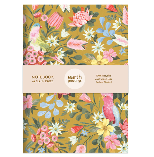 Floral notebook with 'earth greetings' branding on a white background