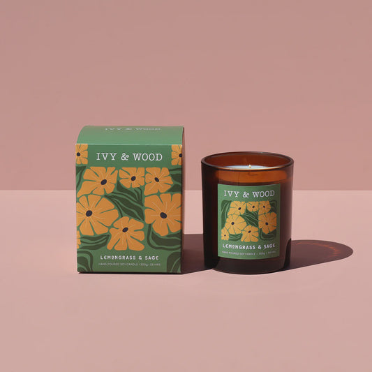 Ivy & Wood lemongrass and  sage scented candle in glass jar