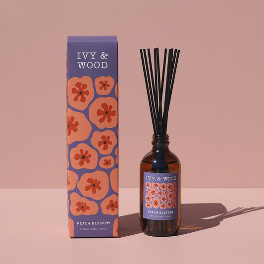Ivy & Wood peach blossom scented reed diffuser in glass jar