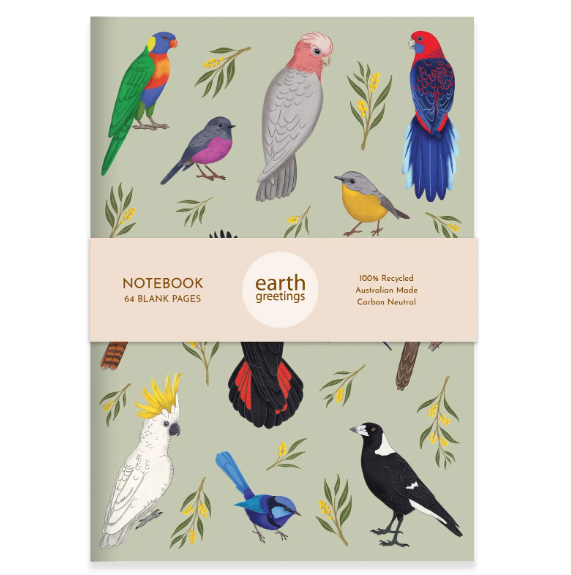 Notebook with bird illustrations and 'earth greetings' branding on a light green background