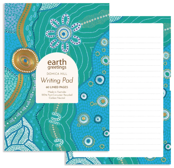 Writing pad with decorative cover and lined pages, featuring 'earth greetings' branding.