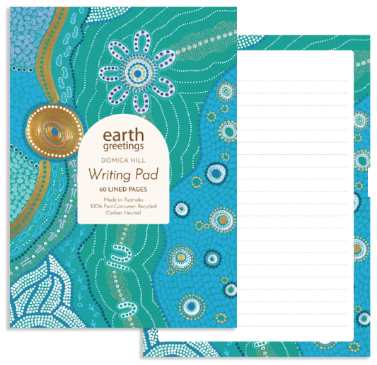 Writing pad with decorative cover and lined pages, featuring 'earth greetings' branding.