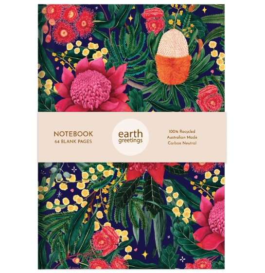 Floral notebook with 'earth greetings' branding on a white background
