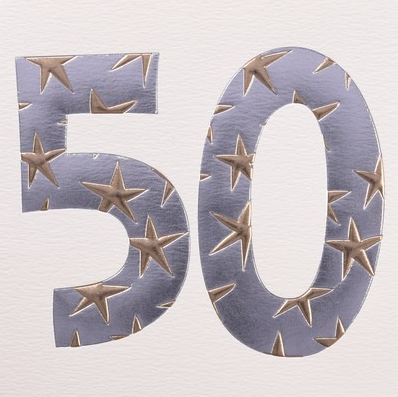 A greeting card with the number 50 printed in a bold, decorative font, featuring silver stars on a blue background.