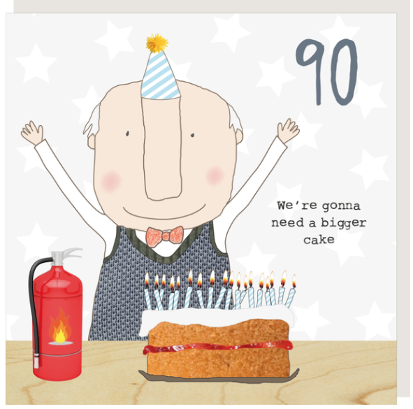 Greeting card with an illustration of an older person with a party hat and a cake with candles on it, celebrating a birthday.