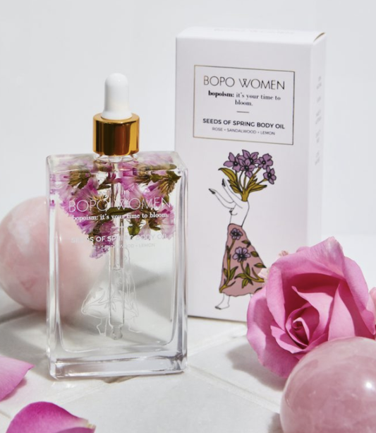 A nourishing blend of fragrant essential oils. Let floral rose top notes and the grounding base notes of sandalwood. Available at The Brightside Store.