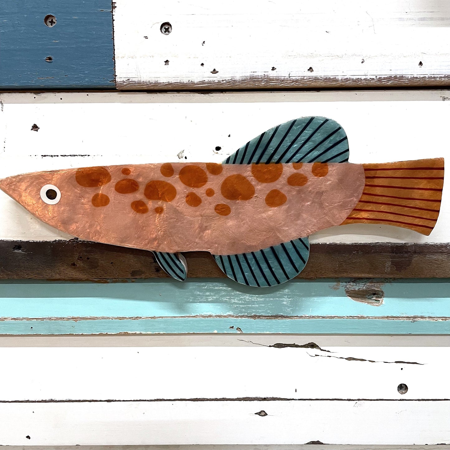 Jones and Co Capiz shell art tile - coral coloured long fish