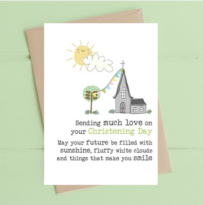 A greeting card with a cartoon illustration of a church, sun and clouds, and a message that reads 'Sending much love on your Christening Day!'.