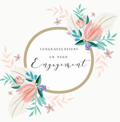A greeting card with a floral design and a gold circular border, with the text 'CONGRATULATIONS ON YOUR ENGAGEMENT' in the center.