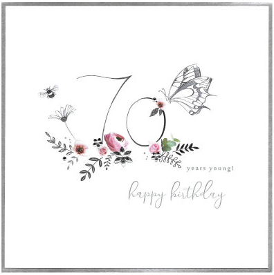 A 70th birthday card with a floral design, featuring a large number '70' in the center, surrounded by butterflies and leaves. The card has a blank inside for a personal message and is wrapped in cellophane.