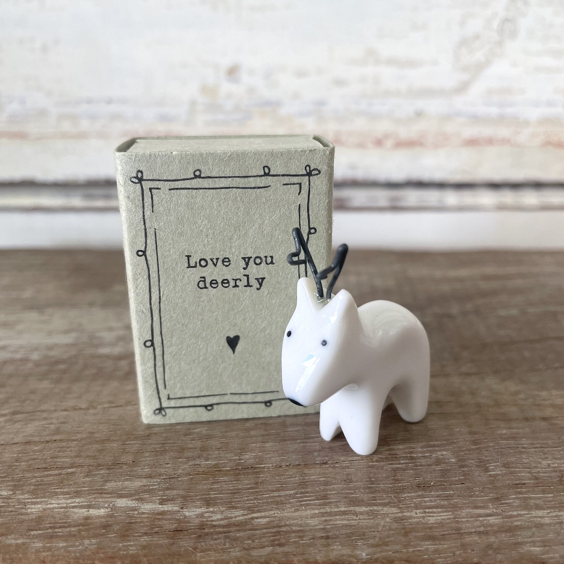 Heaven in Earth - Matchbox Deer - porcelain deer in a matchbox that reads "Love you deerly"