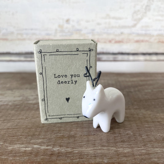 Heaven in Earth - Matchbox Deer - porcelain deer in a matchbox that reads "Love you deerly"