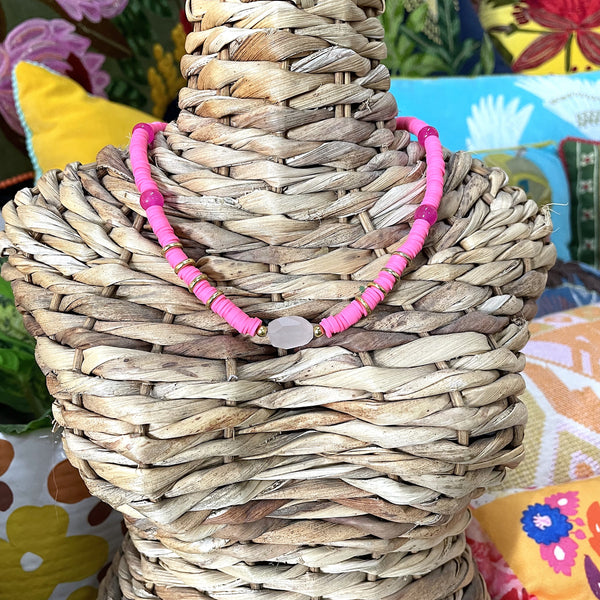 Joy Beaded Necklace - Fluro Pink