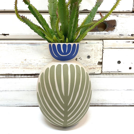 JONES AND CO CERAMIC VASE WITH GREEN AND BLUE  LEAF DESIGN